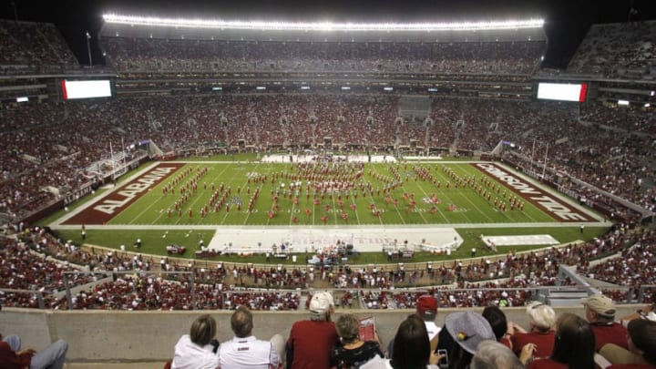 TUSCALOOSA, AL - SEPTEMBER 17: Wide view of stadium as the Alabama Crimson Tide's Million Dollar Band performs at halftime during a game against the North Texas Mean Green on September 17, 2011 at Bryant-Denny Stadium in Tuscaloosa, Alabama. (Photo by Butch Dill/Getty Images)