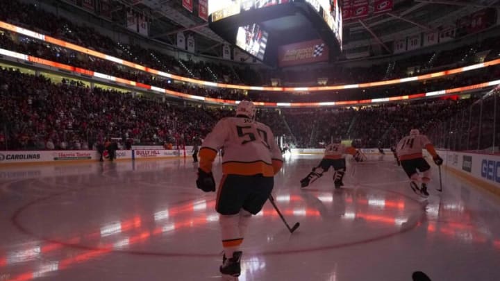 Nov 29, 2019; Raleigh, NC, USA; Nashville Predators defenseman Roman Josi (59) skates out onto the ice before the game against the Carolina Hurricanes at PNC Arena. The Nashville Predators defeated the Carolina Hurricanes 3-0. Mandatory Credit: James Guillory-USA TODAY Sports