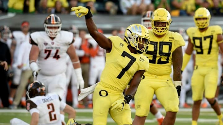 EUGENE, OR - SEPTEMBER 01: Safety Ugochukwu Amadi #7 of the Oregon Ducks celebrates after sacking quarterback Jarret Doege #2 of the Bowling Green Falconsduring the third quarter of the qame at Autzen Stadium on September 1, 2018 in Eugene, Oregon. (Photo by Steve Dykes/Getty Images)