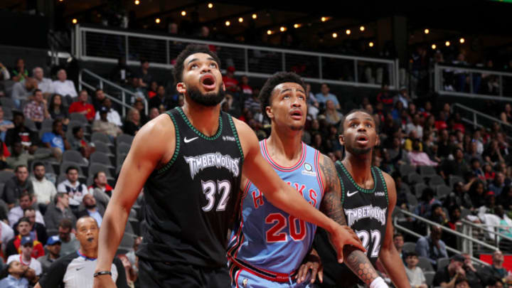 ATLANTA, GA - FEBRUARY 27: Karl-Anthony Towns #32 of the Minnesota Timberwolves and John Collins #20 of the Atlanta Hawks. Copyright 2019 NBAE (Photo by Jasear Thompson/NBAE via Getty Images)