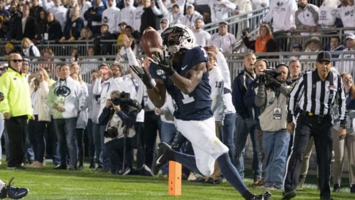 UNIVERSITY PARK, PA - OCTOBER 19: Penn State Nittany Lions Wide Receiver KJ Hamler (1) catches a pass for a touchdown during the first half of the game between the Michigan Wolverines and the Penn State Nittany Lions on October 19, 2019, at Beaver Stadium in University Park, PA, (Photo by Gregory Fisher/Icon Sportswire via Getty Images)
