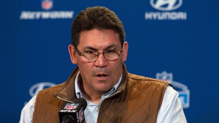 Feb 25, 2016; Indianapolis, IN, USA; Carolina Panthers head coach Ron Rivera speaks to the media during the 2016 NFL Scouting Combine at Lucas Oil Stadium. Mandatory Credit: Trevor Ruszkowski-USA TODAY Sports