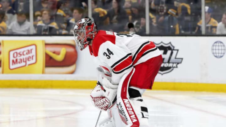 BOSTON, MA – MAY 12: Carolina Hurricanes goalie Petr Mrazek (34) waits for the start of the third period during Game 2 of the Stanley Cup Playoffs Eastern Conference Finals between the Boston Bruins and the Carolina Hurricanes on May 12, 2019, at TD Garden in Boston, Massachusetts. (Photo by Fred Kfoury III/Icon Sportswire via Getty Images)