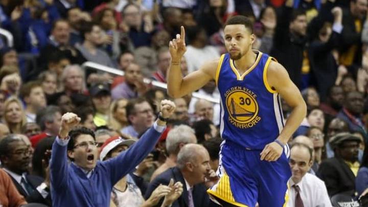 Feb 3, 2016; Washington, DC, USA; Golden State Warriors guard Stephen Curry (30) gestures after making a three point field goal against the Washington Wizards in the fourth quarter at Verizon Center. The Warriors won 134-121. Mandatory Credit: Geoff Burke-USA TODAY Sports