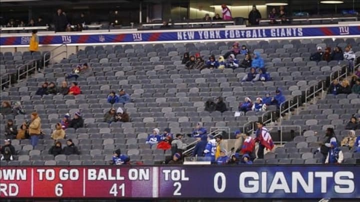 Dec 15, 2013; East Rutherford, NJ, USA; A general view of empty seats as New York Giants fans leave before the end of the game against the Seattle Seahawks at MetLife Stadium. Mandatory Credit: Jim O’Connor-USA TODAY Sports