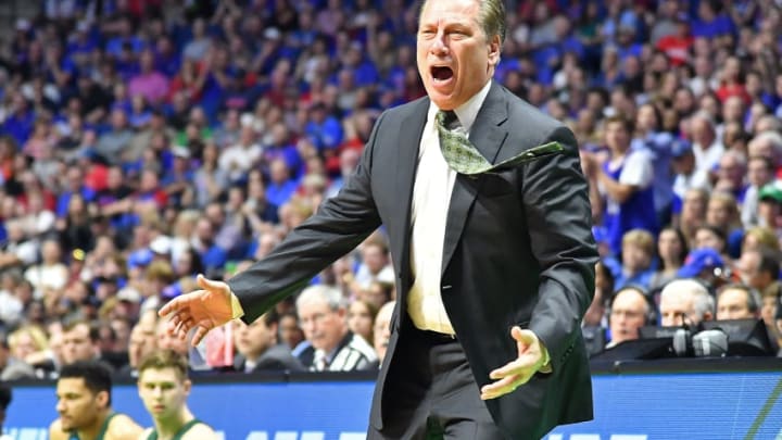 TULSA, OK - MARCH 19: Head coach Tom Izzo of the Michigan State Spartans reacts against the Kansas Jayhawks during the second round of the 2017 NCAA Men's Basketball Tournament at BOK Center on March 19, 2017 in Tulsa, Oklahoma. (Photo by J Pat Carter/Getty Images)