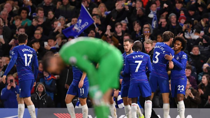 LONDON, ENGLAND - JANUARY 12: Willian of Chelsea celebrates with teammates after scoring his team's second goal during the Premier League match between Chelsea FC and Newcastle United at Stamford Bridge on January 12, 2019 in London, United Kingdom. (Photo by Justin Setterfield/Getty Images)