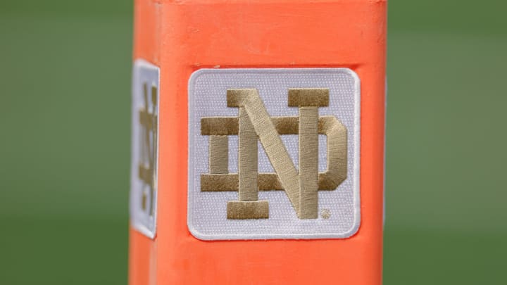 SOUTH BEND, IN – SEPTEMBER 11: A Notre Dame Football end zone pylon is seen during the game against the Toledo Rockets at Notre Dame Stadium on September 11, 2021, in South Bend, Indiana. (Photo by Michael Hickey/Getty Images)