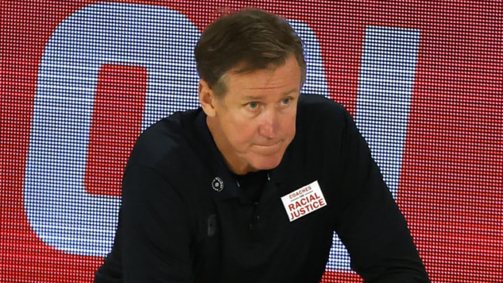 LAKE BUENA VISTA, FLORIDA - AUGUST 15: Terry Stotts of the Portland Trail Blazers looks on against the Memphis Grizzlies during the fourth quarter in the Western Conference play-in game one at The Field House at ESPN Wide World Of Sports Complex on August 15, 2020 in Lake Buena Vista, Florida. (Photo by Kevin C. Cox/Getty Images)
