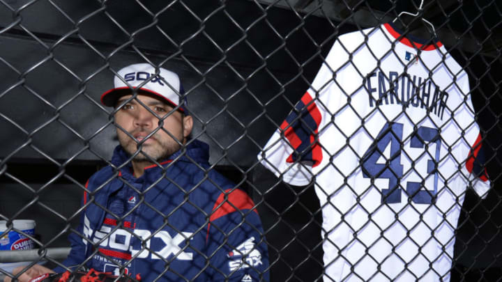 CHICAGO - APRIL 22: Hector Santiago #53 of the Chicago White Sox hangs the jersey of critically ill teammate Danny Farquhar #43 in the White Sox bullpen prior to the game against the Houston Astros on April 22, 2018 at Guaranteed Rate Field in Chicago, Illinois. (Photo by Ron Vesely/MLB Photos via Getty Images) *** Local Caption *** Hector Santiago; Danny Farquhar