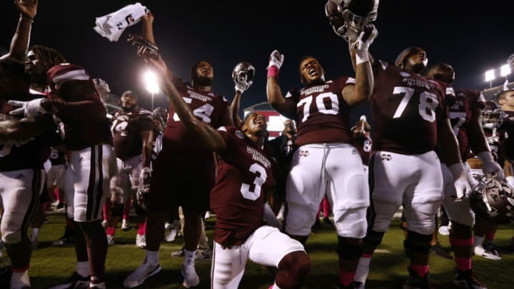 STARKVILLE, MS - OCTOBER 06: The Mississippi State Bulldogs celebrate a win over the Auburn Tigers at Davis Wade Stadium on October 6, 2018 in Starkville, Mississippi. (Photo by Jonathan Bachman/Getty Images)