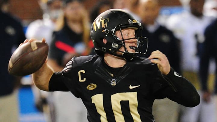 ATLANTA, GA - OCTOBER 21: John Wolford #10 of the Wake Forest Deamon Deacons passes against the Georgia Tech Yellow Jackets on October 21, 2017 at Bobby Dodd Stadium in Atlanta, Georgia. (Photo by Scott Cunningham/Getty Images)