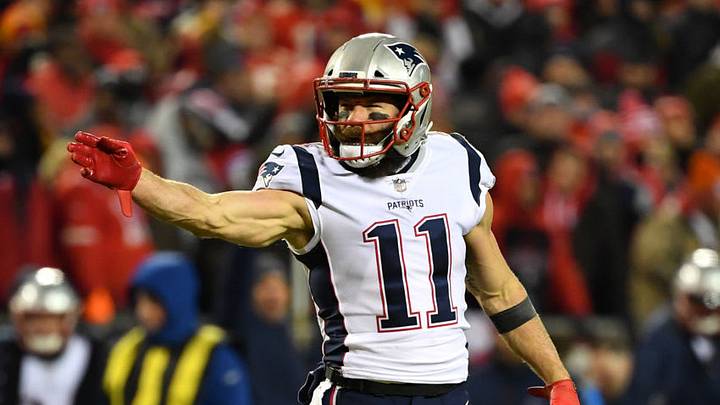 KANSAS CITY, MISSOURI - JANUARY 20: Julian Edelman #11 of the New England Patriots reacts after a first down in the first quarter against the Kansas City Chiefs during the AFC Championship Game at Arrowhead Stadium on January 20, 2019 in Kansas City, Missouri. (Photo by Peter Aiken/Getty Images)