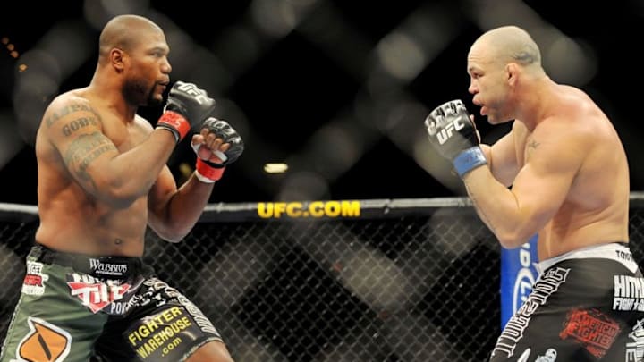 LAS VEGAS - DECEMBER 27: Quinton Jackson (L) battles Wanderlei Silva during the Light Heavyweight bout at UFC 92: The Ultimate 2008 at the MGM Grand Arena on December 27, 2008 in Las Vegas, Nevada. (Photo by Jon Kopaloff/Getty Images)