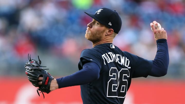 PHILADELPHIA, PA – APRIL 28: Pitcher Mike Foltynewicz #26 of the Atlanta Braves delivers a pitch against of the Philadelphia Phillies during the first inning of a game at Citizens Bank Park on April 28, 2018, in Philadelphia, Pennsylvania. The Braves defeated the Phillies 4-1. (Photo by Rich Schultz/Getty Images)