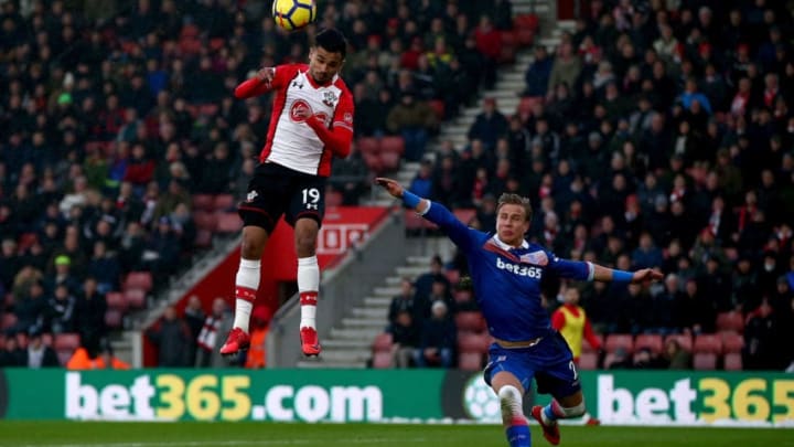 SOUTHAMPTON, ENGLAND - MARCH 03: Sofiane Boufal of Southampton heads the ball under pressure from Moritz Bauer of Stoke during the Premier League match between Southampton and Stoke City at St Mary's Stadium on March 3, 2018 in Southampton, England. (Photo by Jordan Mansfield/Getty Images)