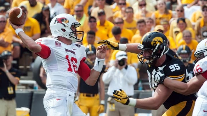 Sep 5, 2015; Iowa City, IA, USA; Iowa Hawkeyes defensive lineman Drew Ott (95) pursues Illinois State Redbirds quarterback Jake Kolbe (16) during the fourth quarter at Kinnick Stadium. Iowa won 31-14. Mandatory Credit: Jeffrey Becker-USA TODAY Sports