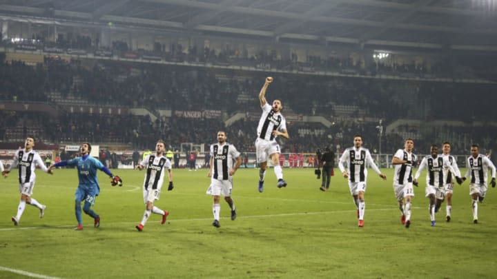 Juventus players celebrate the victory after the Serie A football match between Torino FC and Juventus FC at Olympic Grande Torino Stadium on December 15, 2018 in Turin, Italy. Torino lost 0-1 against Juventus. (Photo by Massimiliano Ferraro/NurPhoto via Getty Images)