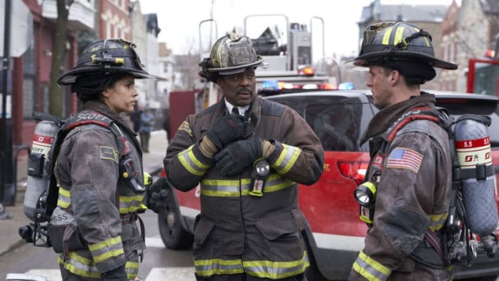 CHICAGO FIRE -- "Move A Wall" Episode 717 -- Pictured: (l-r) Miranda Rae Mayo as Stella Kidd, Eamonn Walker as Battalion Chief Wallace Boden, Jesse Spencer as Matthew Casey -- (Photo by: Parrish Lewis/NBC)