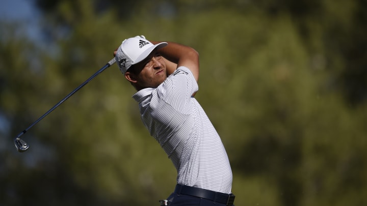 Oct 18, 2020; Las Vegas, Nevada, USA; Xander Schauffele tees off on the 13th hole during the final round of the CJ Cup golf tournament at Shadow Creek Golf Course. Mandatory Credit: Kelvin Kuo-USA TODAY Sports