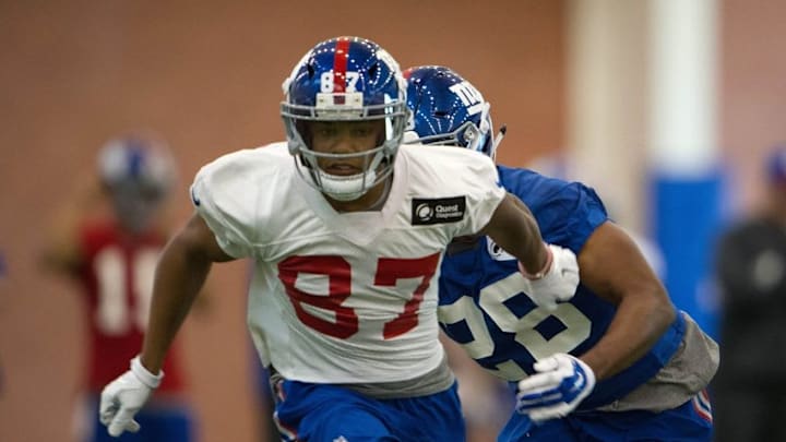 May 6, 2016; East Rutherford, NJ, USA; New York Giants wide receiver Sterling Shepard (87) during rookie minicamp at Quest Diagnostics Training Center. Mandatory Credit: William Hauser-USA TODAY Sports
