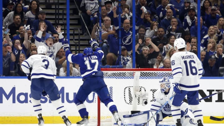 TAMPA, FLORIDA - APRIL 24: Alex Killorn #17 of the Tampa Bay Lightning celebrates a goal in the first period during Game Four of the First Round of the 2023 Stanley Cup Playoffs against the Toronto Maple Leafs at Amalie Arena on April 24, 2023 in Tampa, Florida. (Photo by Mike Ehrmann/Getty Images)