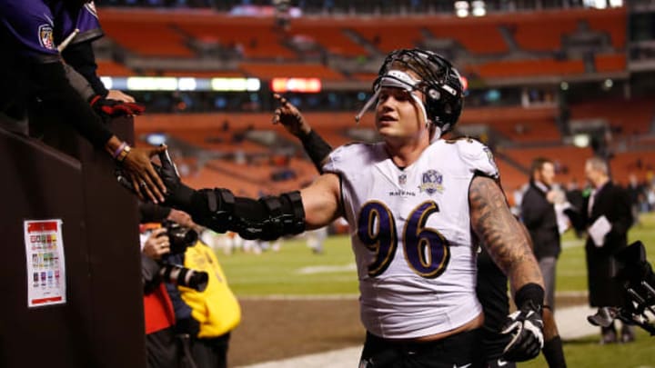 CLEVELAND, OH – NOVEMBER 30: Brent Urban #96 of the Baltimore Ravens celebrates his blocked field goal that lead to a touchdown during the fourth quarter against the Cleveland Browns at FirstEnergy Stadium on November 30, 2015 in Cleveland, Ohio. Baltimore won the game 33-27. (Photo by Gregory Shamus/Getty Images)