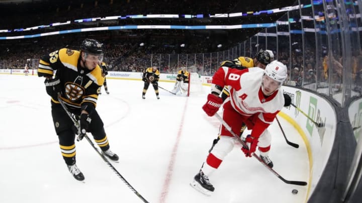 BOSTON, MA - DECEMBER 01: Detroit Red Wings left wing Justin Abdelkader (8) looks back to the point as Boston Bruins left wing Brad Marchand (63) moves in during a game between the Boston Bruins and the Detroit Red Wings on December 1, 2018, at TD Garden in Boston, Massachusetts. (Photo by Fred Kfoury III/Icon Sportswire via Getty Images)