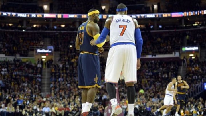 Oct 30, 2014; Cleveland, OH, USA; Cleveland Cavaliers forward LeBron James (23) defends New York Knicks forward Carmelo Anthony (7) at Quicken Loans Arena. New York won 95-90. Mandatory Credit: David Richard-USA TODAY Sports