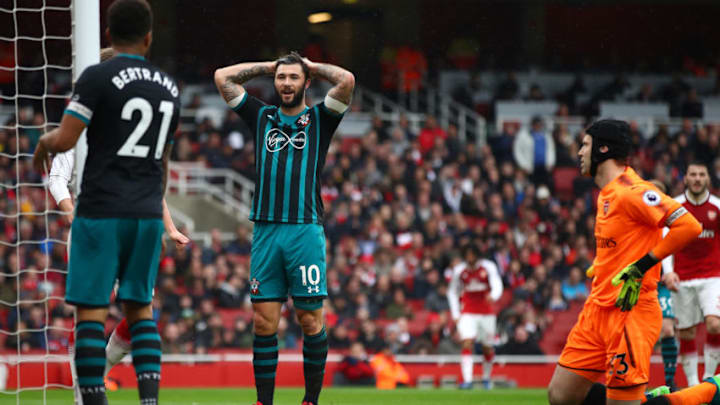 LONDON, ENGLAND - APRIL 08: Charlie Austin of Southampton reacts after a missed chance during the Premier League match between Arsenal and Southampton at Emirates Stadium on April 8, 2018 in London, England. (Photo by Julian Finney/Getty Images)