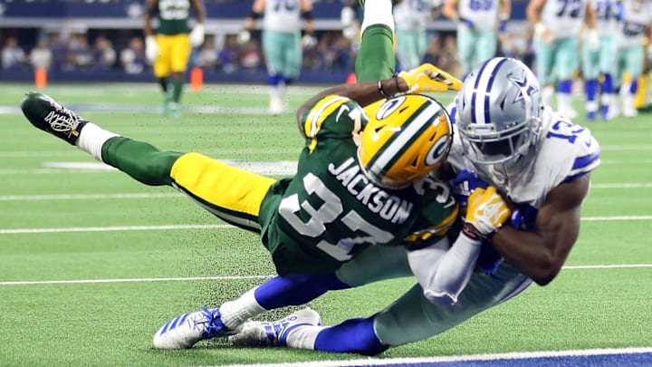 ARLINGTON, TEXAS – OCTOBER 06: Michael Gallup #13 of the Dallas Cowboys scores a touchdown against Josh Jackson #37 of the Green Bay Packers in the third quarter at AT&T Stadium on October 06, 2019 in Arlington, Texas. (Photo by Richard Rodriguez/Getty Images)