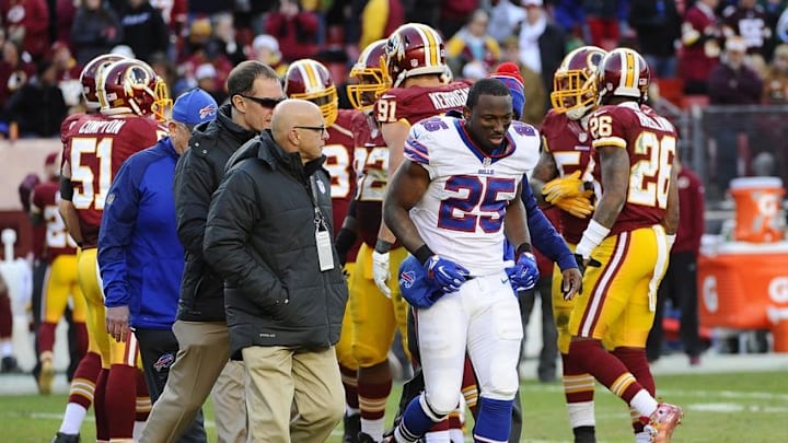 Dec 20, 2015; Landover, MD, USA; Buffalo Bills running back LeSean McCoy (25) runs off the field after suffering an apparent injury against the Washington Redskins during the second half at FedEx Field. Mandatory Credit: Brad Mills-USA TODAY Sports