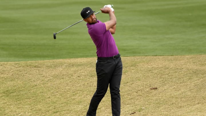 LA QUINTA, CALIFORNIA - JANUARY 23: Tony Finau plays a shot on the eighth hole during the third round of The American Express tournament on the Stadium course at PGA West on January 23, 2021 in La Quinta, California. (Photo by Harry How/Getty Images)