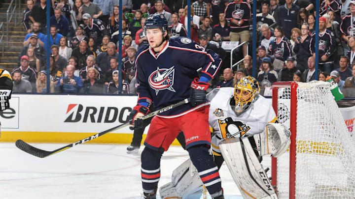 COLUMBUS, OH - APRIL 18: Josh Anderson #34 of the Columbus Blue Jackets skates in front of goaltender Marc-Andre Fleury #29 of the Pittsburgh Penguins in Game Four of the Eastern Conference First Round during the 2017 NHL Stanley Cup Playoffs on April 18, 2017 at Nationwide Arena in Columbus, Ohio. Columbus defeated Pittsburgh 5-4. (Photo by Jamie Sabau/NHLI via Getty Images)