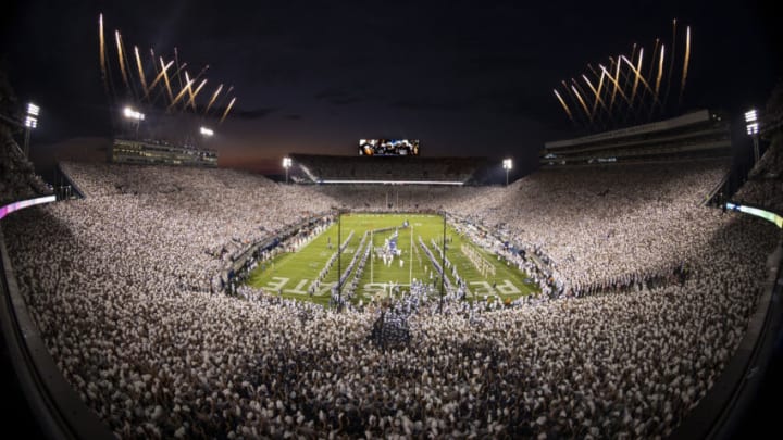 STATE COLLEGE, PA - SEPTEMBER 18: Fireworks are displayed as Penn State Nittany Lions take the field before the white out game against the Auburn Tigers at Beaver Stadium on September 18, 2021 in State College, Pennsylvania. (Photo by Scott Taetsch/Getty Images)