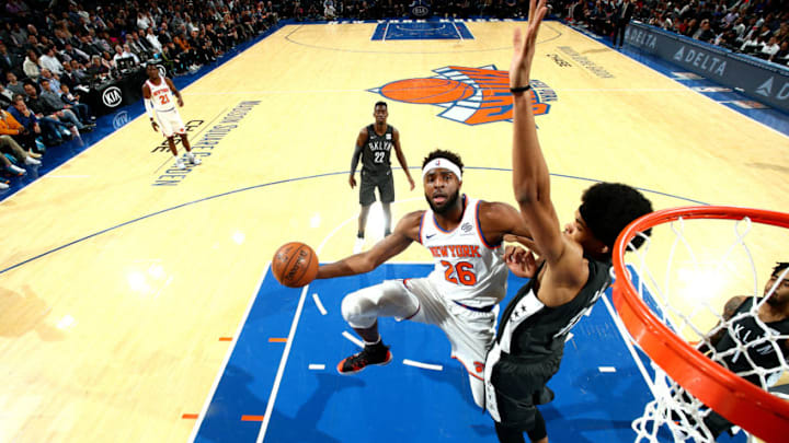 NEW YORK, NY - OCTOBER 29: Mitchell Robinson #26 of the New York Knicks shoots the ball against the Brooklyn Nets on October 29, 2018 at Madison Square Garden in New York City, New York. NOTE TO USER: User expressly acknowledges and agrees that, by downloading and or using this photograph, User is consenting to the terms and conditions of the Getty Images License Agreement. Mandatory Copyright Notice: Copyright 2018 NBAE (Photo by Nathaniel S. Butler/NBAE via Getty Images)