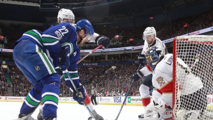 VANCOUVER, BC - JANUARY 20: Daniel Sedin #22 of the Vancouver Canucks takes a shot against Roberto Luongo #1 of the Florida Panthers during their NHL game at Rogers Arena January 20, 2017 in Vancouver, British Columbia, Canada. Vancouver won 2-1. (Photo by Jeff Vinnick/NHLI via Getty Images)