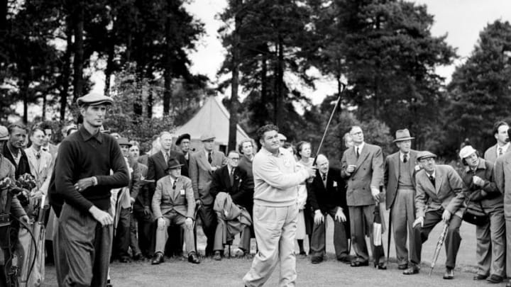 Dave Douglas, left, watching Ed ‘Porky’ Oliver of the USA in play during practice for the Ryder Cup at Wentworth. (Photo by Barratts/PA Images via Getty Images)