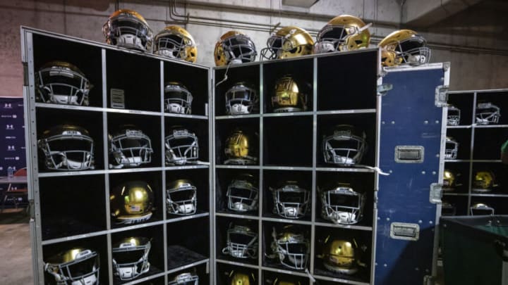 BLACKSBURG, VA - OCTOBER 09: A view of Notre Dame Fighting Irish helmets after the game between the Virginia Tech Hokies and the Notre Dame Fighting Irish at Lane Stadium on October 9, 2021 in Blacksburg, Virginia. (Photo by Scott Taetsch/Getty Images)