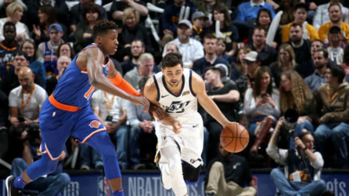 SALT LAKE CITY, UT – JANUARY 19: Raul Neto #25 of the Utah Jazz handles the ball against the New York Knicks on January 19, 2018 at vivint.SmartHome Arena in Salt Lake City, Utah. NOTE TO USER: User expressly acknowledges and agrees that, by downloading and or using this Photograph, User is consenting to the terms and conditions of the Getty Images License Agreement. Mandatory Copyright Notice: Copyright 2018 NBAE (Photo by Melissa Majchrzak/NBAE via Getty Images)