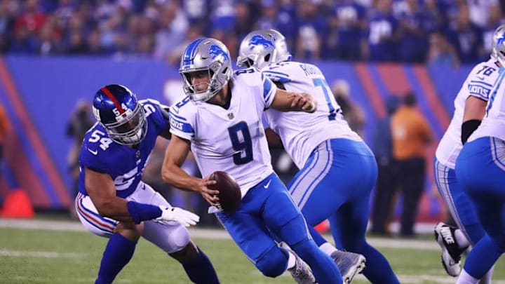 EAST RUTHERFORD, NJ - SEPTEMBER 18: Mathew Stafford #9 of the Detroit Lions in action against theNew York Giants during their game at MetLife Stadium on September 18, 2017 in East Rutherford, New Jersey. (Photo by Al Bello/Getty Images)