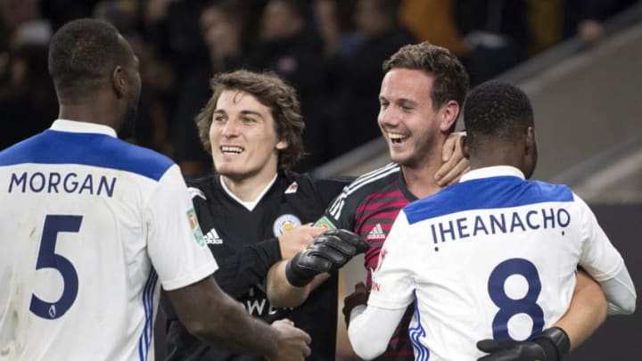 WOLVERHAMPTON, ENGLAND - SEPTEMBER 25: Danny Ward of Leicester City and Kelechi Iheanacho of Leicester City celebrate with teammates following their sides victory in the penalty shoot out and therefore the Carabao Cup Third Round match between Wolverhampton Wanderers and Leicester City at Molineux on September 25, 2018 in Wolverhampton, England. (Photo by Michael Regan/Getty Images)