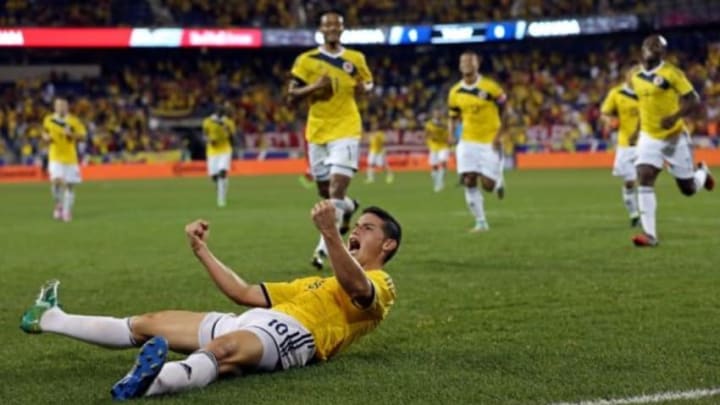 Oct 14, 2014; Harrison, NJ, USA; Colombia midfielder James Rodriguez celebrates scoring a goal against Canada during the second half of their international friendly soccer game at Red Bull Arena. Colombia defeated Canada 1-0. Mandatory Credit: Adam Hunger-USA TODAY Sports