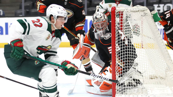ANAHEIM, CALIFORNIA – JANUARY 18: John Gibson #36 of the Anaheim Ducks tends goal during the third period of a game against the Minnesota Wild at Honda Center on January 18, 2021, in Anaheim, California. (Photo by Sean M. Haffey/Getty Images)