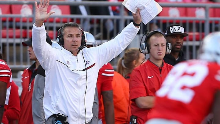 Oct 8, 2016; Columbus, OH, USA; Ohio State Buckeyes head coach Urban Meyer during the second half against the Indiana Hoosiers at Ohio Stadium. The Buckeyes won 38-17. Mandatory Credit: Joe Maiorana-USA TODAY Sports