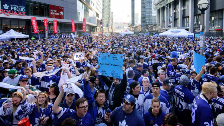 TORONTO, ON - APRIL 23: Toronto Maple Leafs fans gather in Maple Leaf Square before the NHL Stanley Cup Playoffs Round 1 Game 6 Game between the Toronto Maple Leafs and the Washington Capitals on April 23, 2017, at Air Canada Centre in Toronto, ON, Canada. (Photo by Julian Avram/Icon Sportswire via Getty Images)