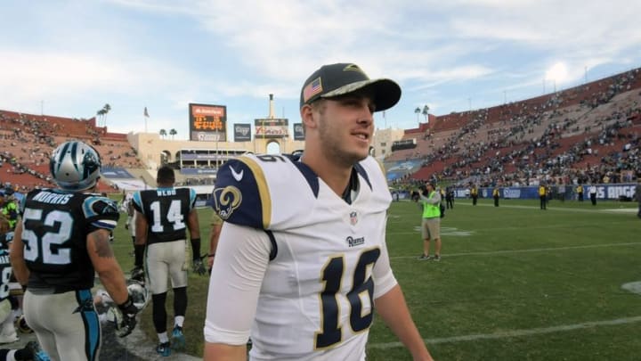 Nov 6, 2016; Los Angeles, CA, USA; Los Angeles Rams quarterback Jared Goff (16) walks off the field after a NFL football game against the Carolina Panthers at Los Angeles Memorial Coliseum. The Panthers defeated the Rams 13-10. Mandatory Credit: Kirby Lee-USA TODAY Sports