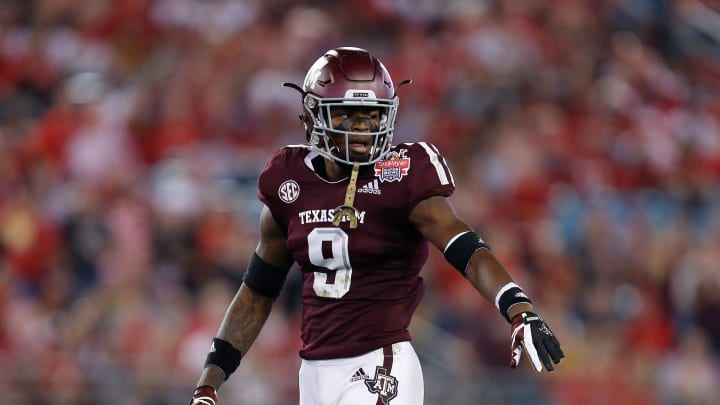 JACKSONVILLE, FL – DECEMBER 31: Leon O’Neal Jr. #9 of the Texas A&M Aggies reacts against the North Carolina State Wolfpack during the TaxSlayer Gator Bowl at TIAA Bank Field on December 31, 2018 in Jacksonville, Florida. (Photo by Michael Reaves/Getty Images)