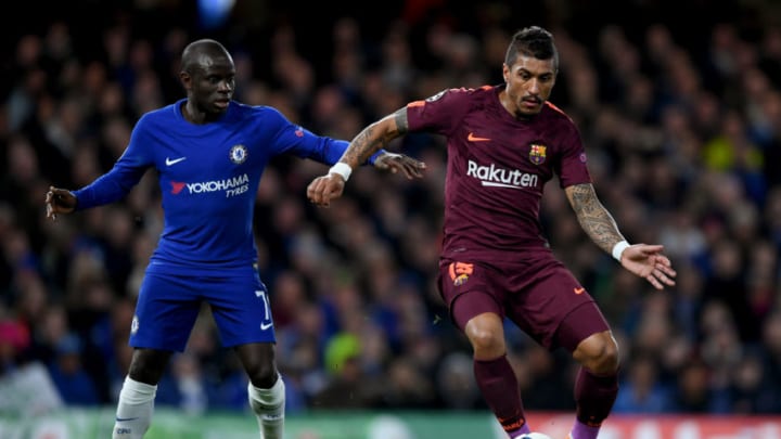 LONDON, ENGLAND - FEBRUARY 20: Paulinho of Barcelona is challenged by N'Golo Kante of Chelsea during the UEFA Champions League Round of 16 First Leg match between Chelsea FC and FC Barcelona at Stamford Bridge on February 20, 2018 in London, United Kingdom. (Photo by Shaun Botterill/Getty Images,)