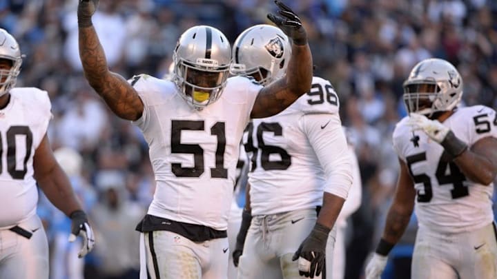 Dec 18, 2016; San Diego, CA, USA; Oakland Raiders outside linebacker Bruce Irvin (51) calls for the crowd to get loud during the second half of the game against the San Diego Chargers at Qualcomm Stadium. The Raiders won 19-16. Mandatory Credit: Orlando Ramirez-USA TODAY Sports